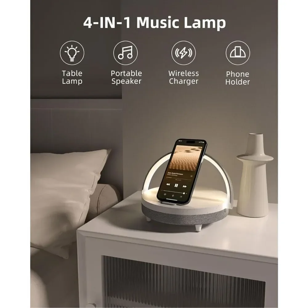 EZVALO Music Table Lamp with Wireless Charger, 4 in 1 Touch Bedside Lamp, Portab